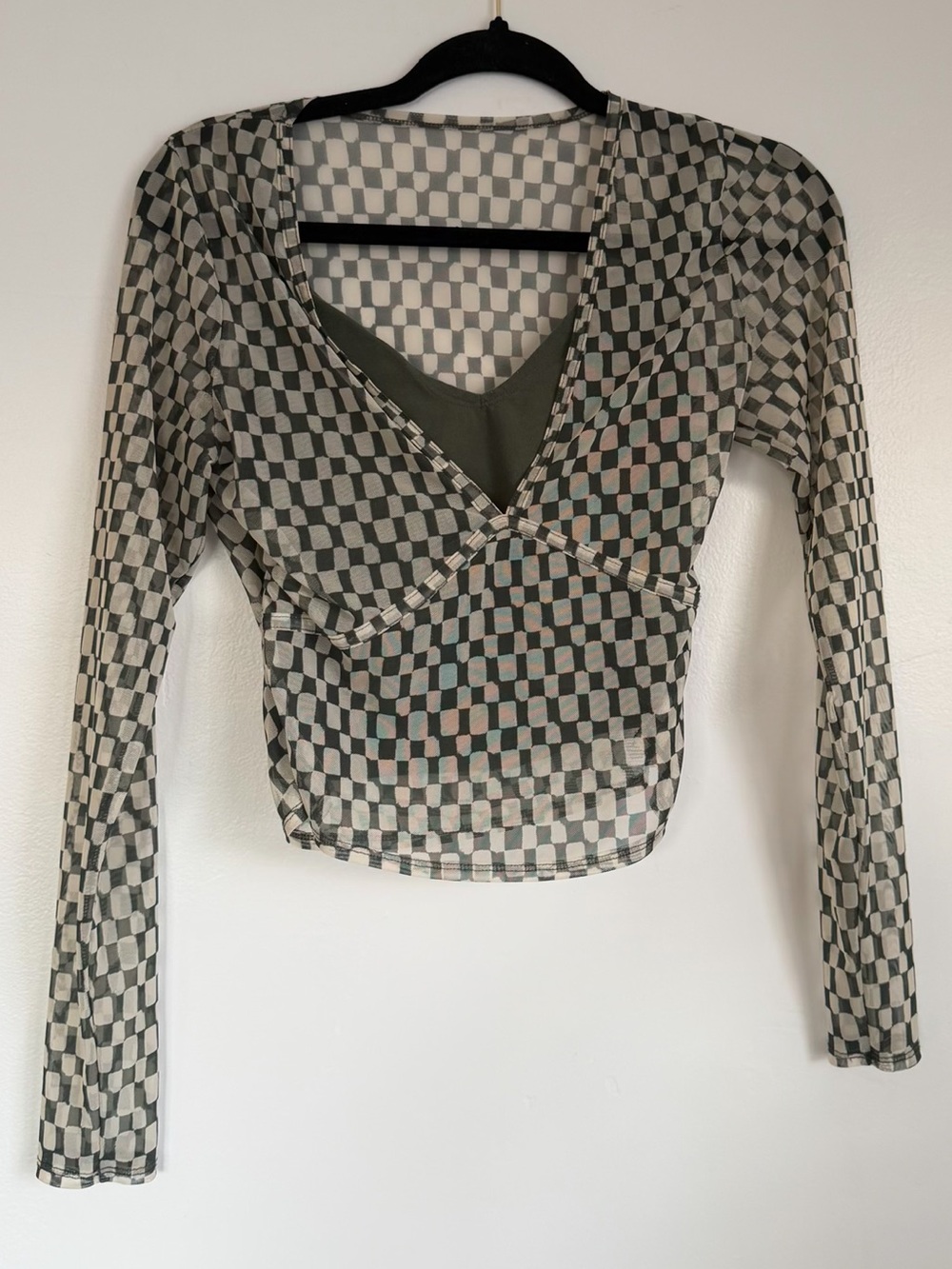 Abercrombie & Fitch Olive and Beige Checkered Long Sleeve Mesh Top